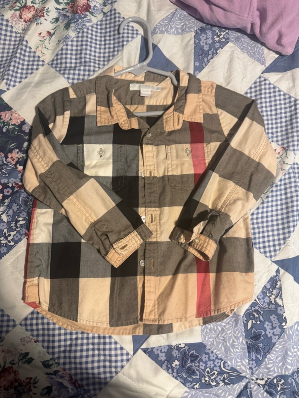 Burberry Beige and Black Check Cotton Shirt with Red Accent